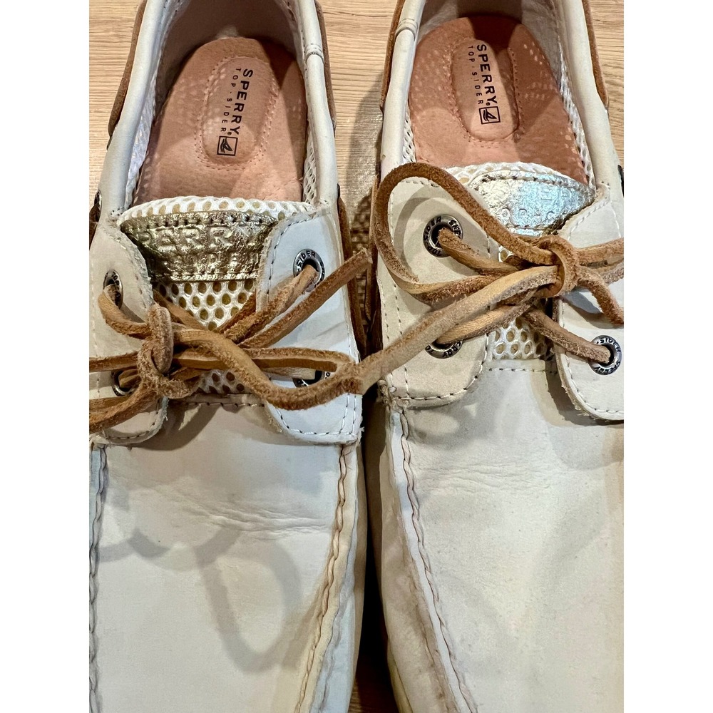Sperry Top-Sider Angfish Boat Shoes 10 Cream Gold Leather Mesh Loafers Womens - Picture 5 of 9